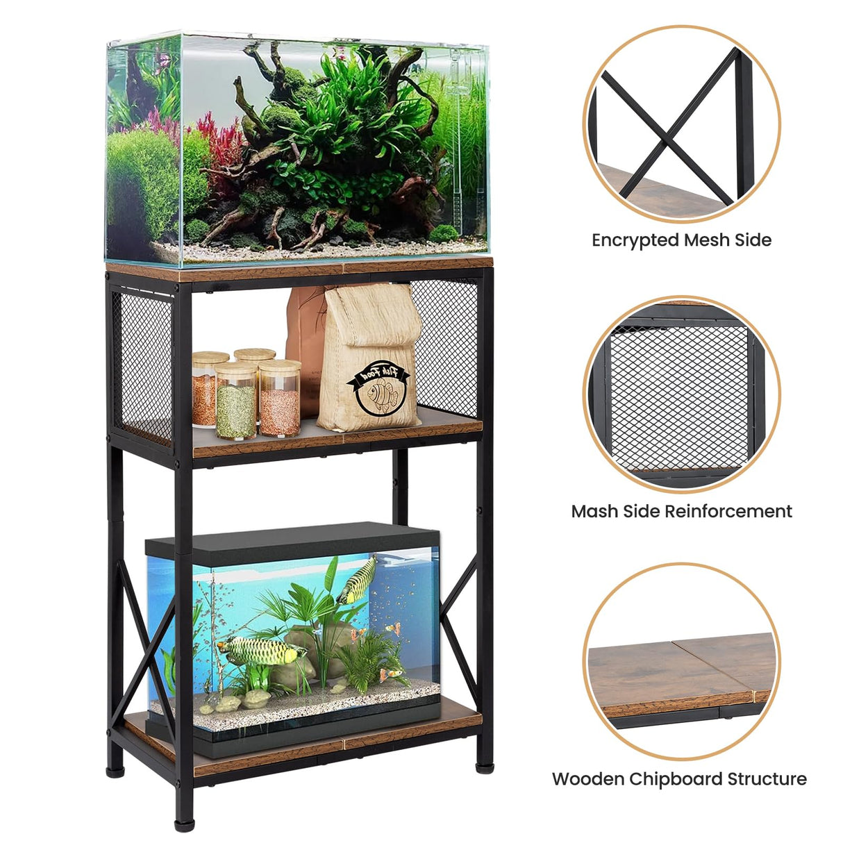 SwaaVee Aquarium Stand, 10 Gallon Fish Tank Stand with Storage, 3 Tier Metal Frame Cabinet Suitable for Fish Tank, Turtle Tank, Rustic Brown (10 Gallon) SwaaVee