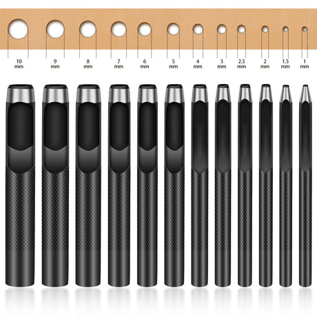12PCS Leather Hole Punch - Round Steel Leather Craft Hollow Hole Punch, Cutter Tool for Watch Bands, Leather, Belts, Canvas, Paper, Plastics (1mm to 10mm) QMNNMA