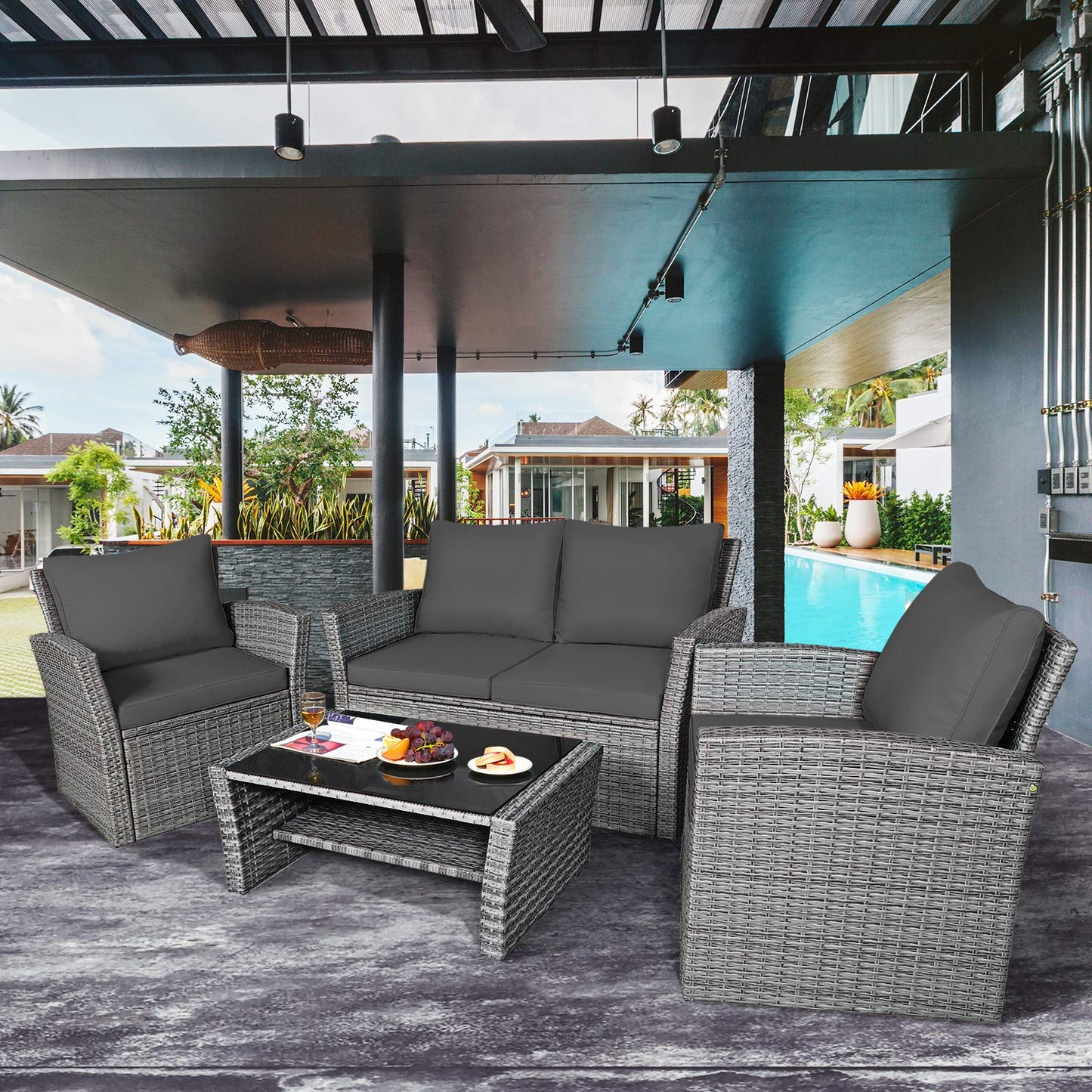 COSTWAY 4 Pieces Patio Rattan Furniture Set, Outdoor Wicker Sofa Set with Tempered Glass Coffee Table, Cushions, All Weather Rattan Conversation Set for Yard Balcony Backyard Pool, Grey - WoodArtSupply