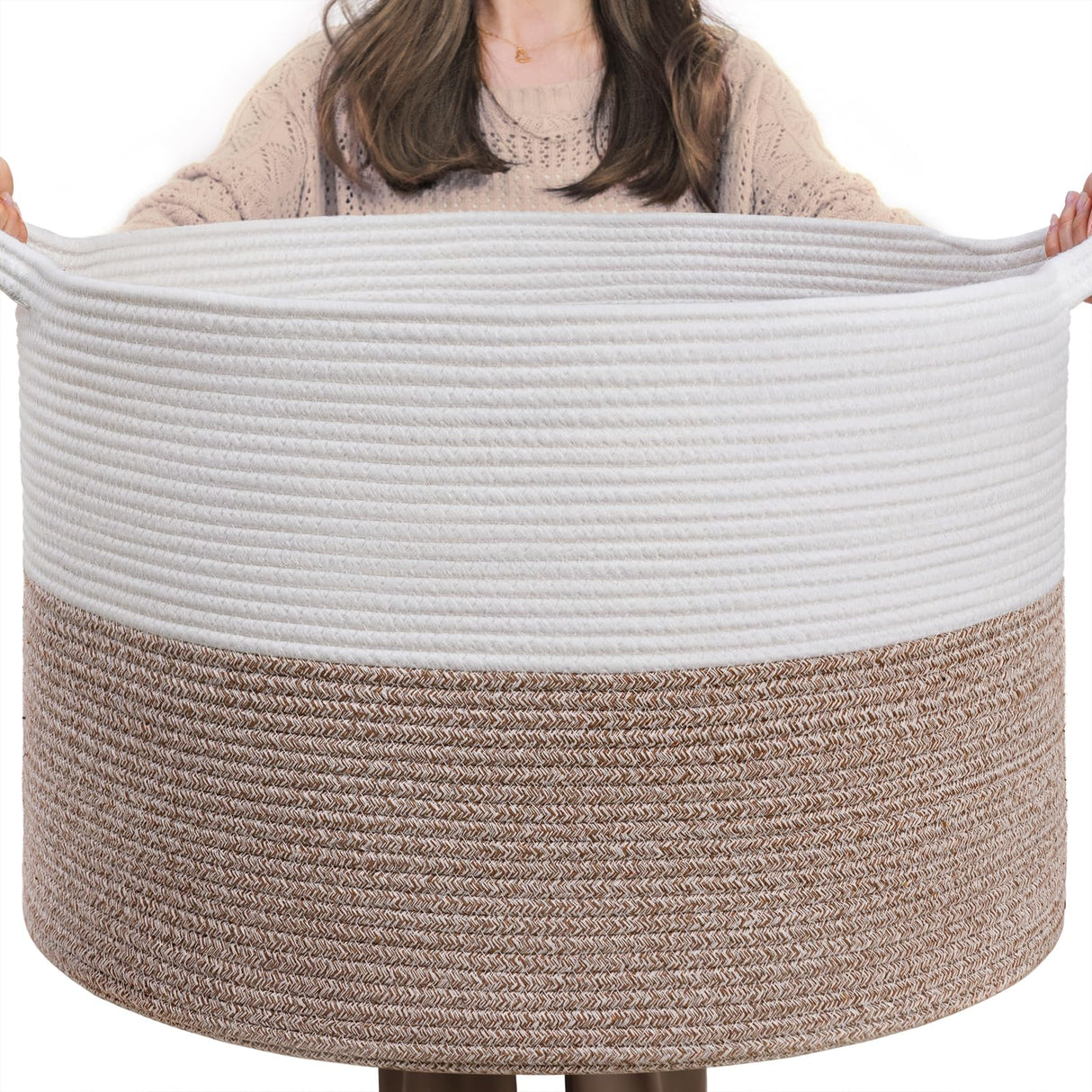 INDRESSME XXXLarge Cotton Rope Basket 21.7" x 21.7" x 13.8" Woven Baby Laundry Blanket Basket Toy Baskets with Handle Storage Comforter Cushions Thread Laundry Hamper INDRESSME