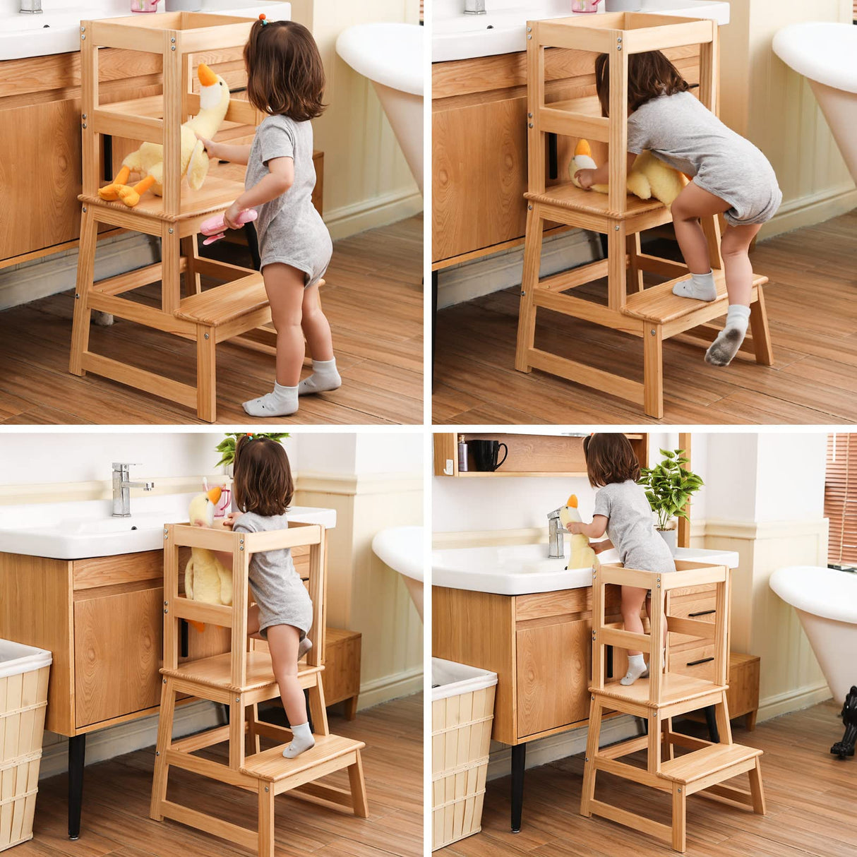 Kitchen Step Stool for Kids with Safety Rail,Toddler Standing Tower for Kitchen Counter, Baby Montessori Stool,Solid Wood Construction,Natural Wiifo