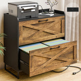 Lateral File Cabinet 2 Drawer File Cabinet with Charging Station, Modern Farmhouse Large Wood Home Office Furniture for Legal/Letter/A4 Size Hanging Files, Rustic Brown and Black Vabches