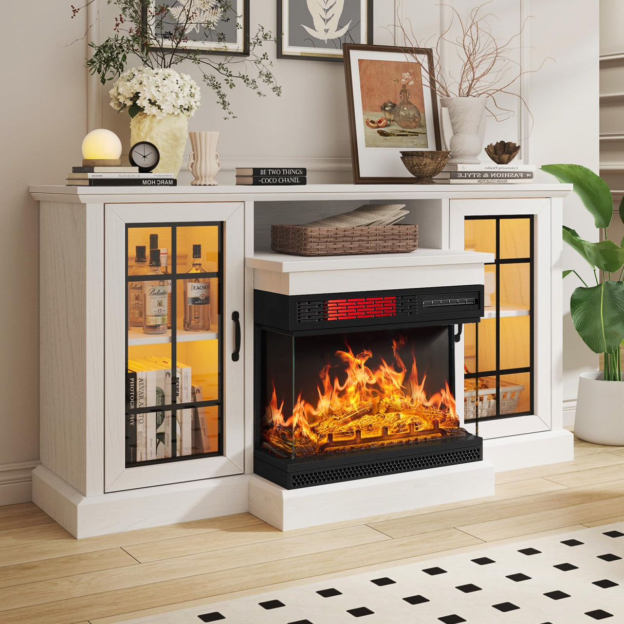 oneinmil 59'' Fireplace TV Stand, 3 Sided Glass Media Entertainment Center Console Table for TVs up to 65'' with Glass Door Adjustable Flame LED Color for Living Room, Set of TV Table, White oneinmil