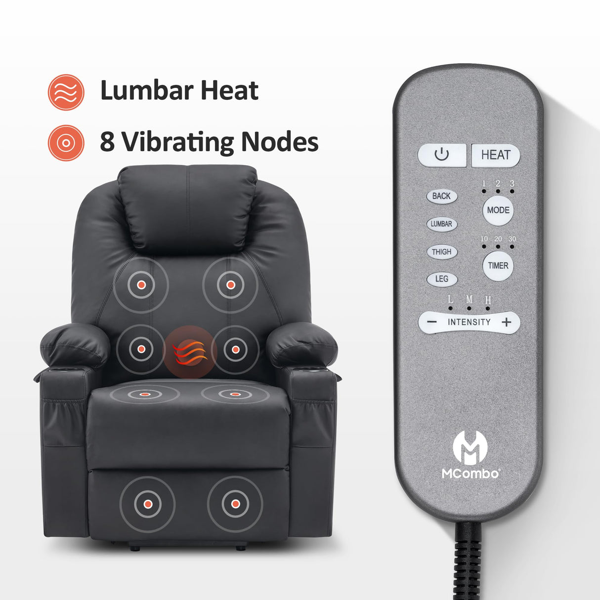 MCombo Large Power Lift Recliner Chair with Massage and Heat for Tall Elderly People, 3 Positions, Cup Holders, and USB Ports, Faux Leather 7516 (Large, Black) MCombo