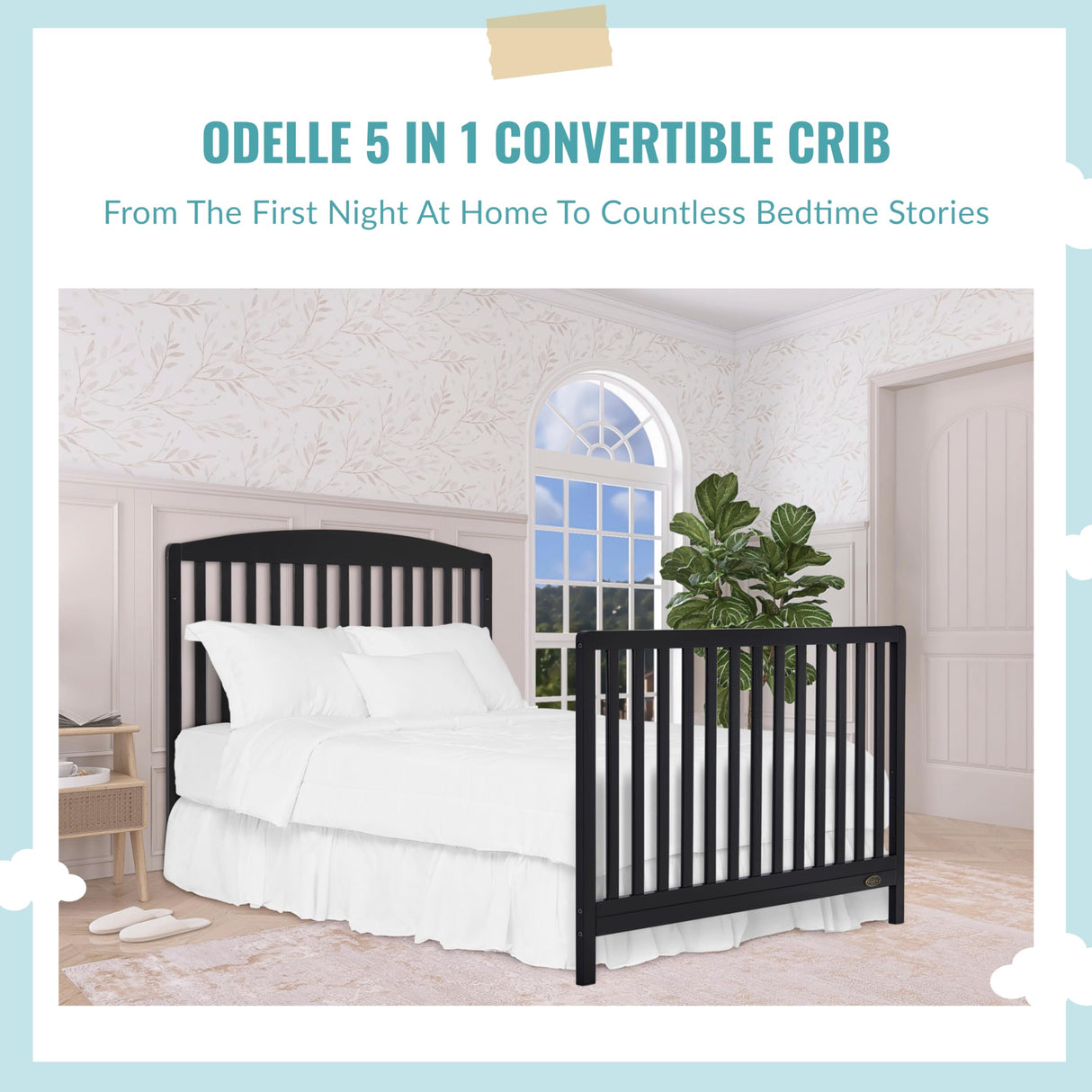 Dream On Me JPMA & Greenguard Gold Certified Odelle 5 in 1 Convertible Crib in Matte Black, Built of Sustainable Pinewood, 3 Mattress Height Settings, Non-Toxic Water-Based Paint Finish Dream On Me