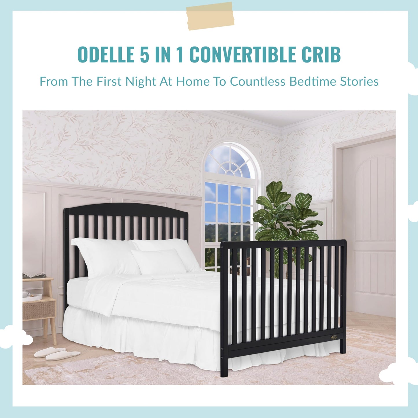 Dream On Me JPMA & Greenguard Gold Certified Odelle 5 in 1 Convertible Crib in Matte Black, Built of Sustainable Pinewood, 3 Mattress Height Settings, Non-Toxic Water-Based Paint Finish