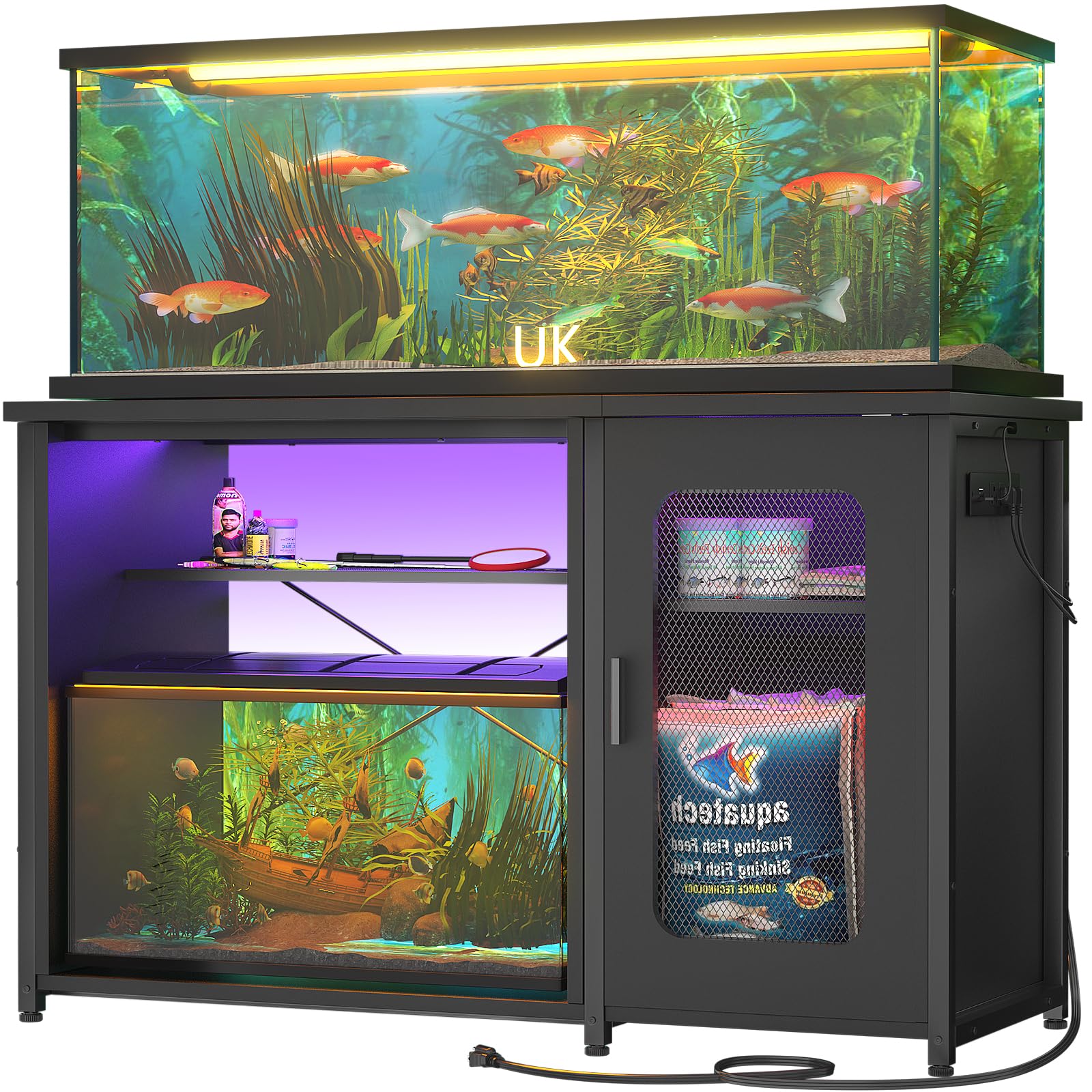 Unikito 55-75 Gallon Aquarium Stand with Power Outlets & LED Light, Reversible Fish Tank Stand with Cabinet for Fish Tank Accessories Storage, Heavy Duty Metal Frame, 880LBS Capacity, Black - WoodArtSupply