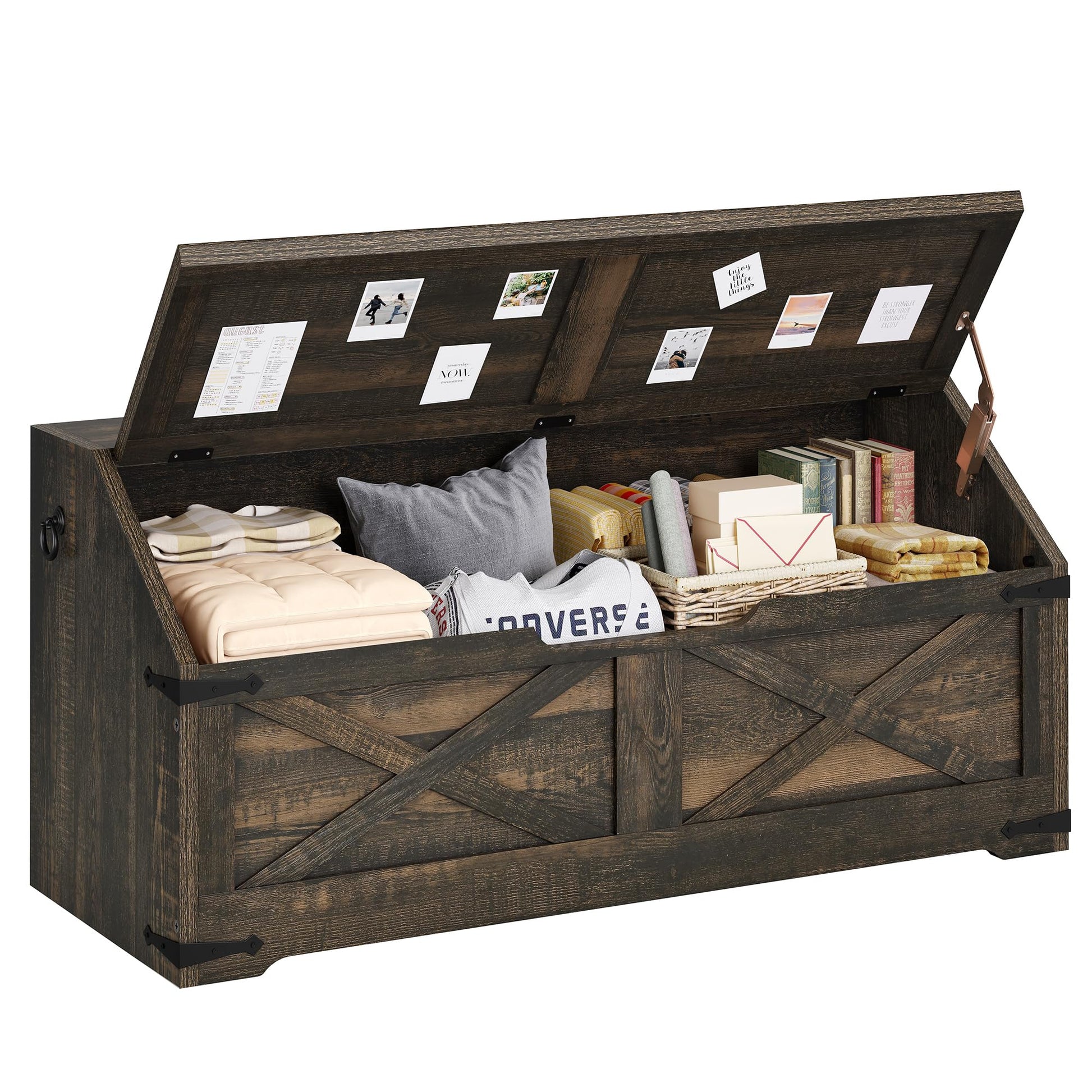 DWVO Storage Chest, Farmhouse Storage Bench with 4 Wheels, 39.4" Wood Storage Trunk with Safety Hinge, Sloped Design, Storage Organizer for Living Room, Bedroom, Entryway, Dark Rustic Oak - WoodArtSupply