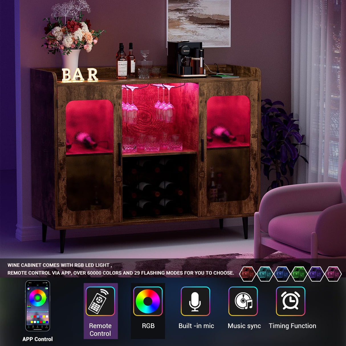 Hyomdeck Rustic Brown Liquor Cabinet with LED Lighting, Power Outlet & Versatile Storage Solutions Hyomdeck