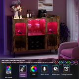 Hyomdeck Rustic Brown Liquor Cabinet with LED Lighting, Power Outlet & Versatile Storage Solutions Hyomdeck