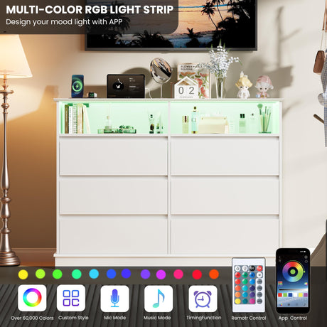 IDEALHOUSE 6 Drawer Dresser for Bedroom with LED Lights & Charging Station, Modern White Dresser with LED for Bedroom, Wide Chest of 6 Drawers with Open Storage Shelf for Living Room, Hallway, Closet IDEALHOUSE