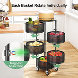 SAYZH Fruit Vegetable Basket for Kitchen, Rotating Storage Rack, 5 Tier Rolling Cart with top lid, Large Metal Wire Wheels, Black SAYZH