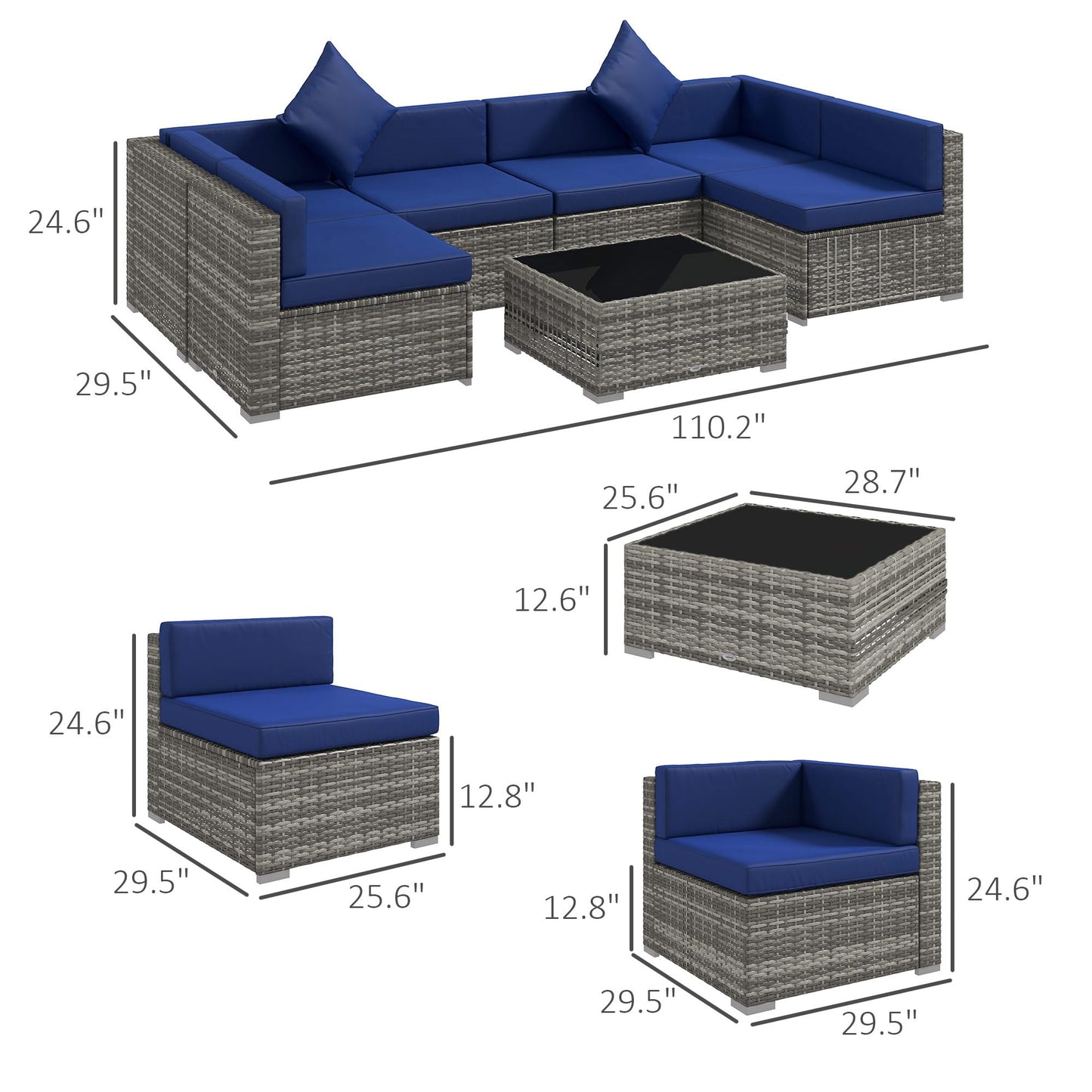 Outsunny 7-Piece Patio Furniture Set, Outdoor Wicker Conversation Set, All Weather PE Rattan Sectional Sofa Set with Cushions and Tempered Glass Top Coffee Table, Pillows, Blue - WoodArtSupply