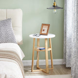 HOOBRO Set of 2 Round Side Tables with Charging Station, Round Accent End Table with Bamboo Legs for Living Room, Bedroom, White and Natural YW101UBZP201 HOOBRO