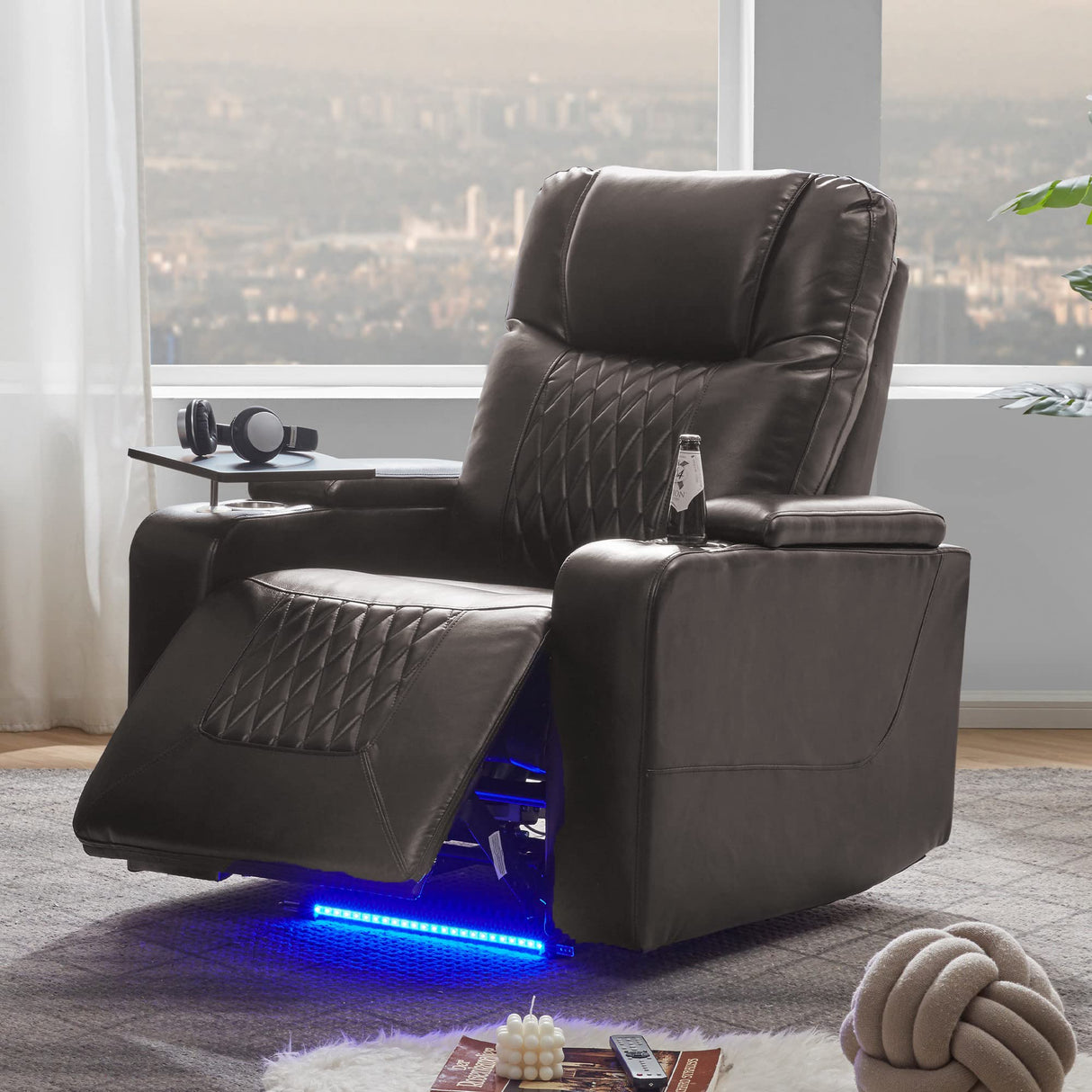 Merax Electric Recliner Chair with USB Charge Port, 360 Swivel Tray Table, Hand in-Arm Storage, and Cup Holders, Ambient Lighting - Ambient Lighting Gaming Recliner Chair Home Theater Seating (Brown) Merax