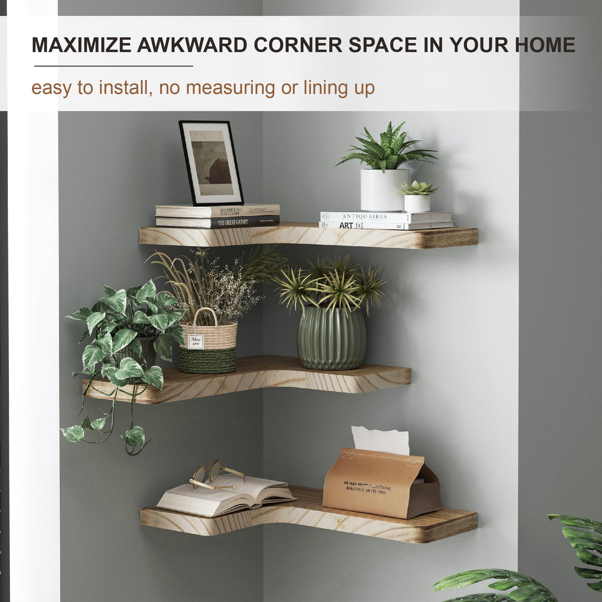 fuqing Floating Corner Shelves, Wall Shelf Set of 3, Shelves for Wall Storage, Solid Wood Shelves for Storage, Wall Mount Wooden Display Shelf for Bathroom Bedroom Kitchen Garage, Carbonized Black fuqing