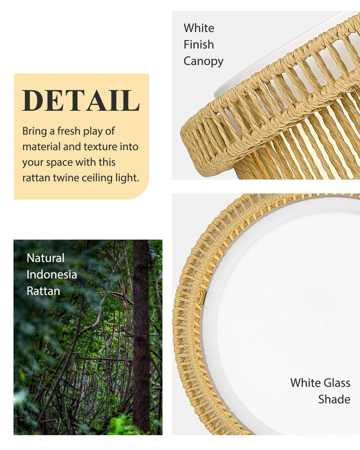 Boho Light Fixtures Ceiling 16W LED, HWH 13'' Woven Rattan Flush Mount Ceiling Light, Handwoven Twine Cage Light Fixtures Ceiling Mount 5CCT, 5HYS78F-LED HWH INVESTMENT