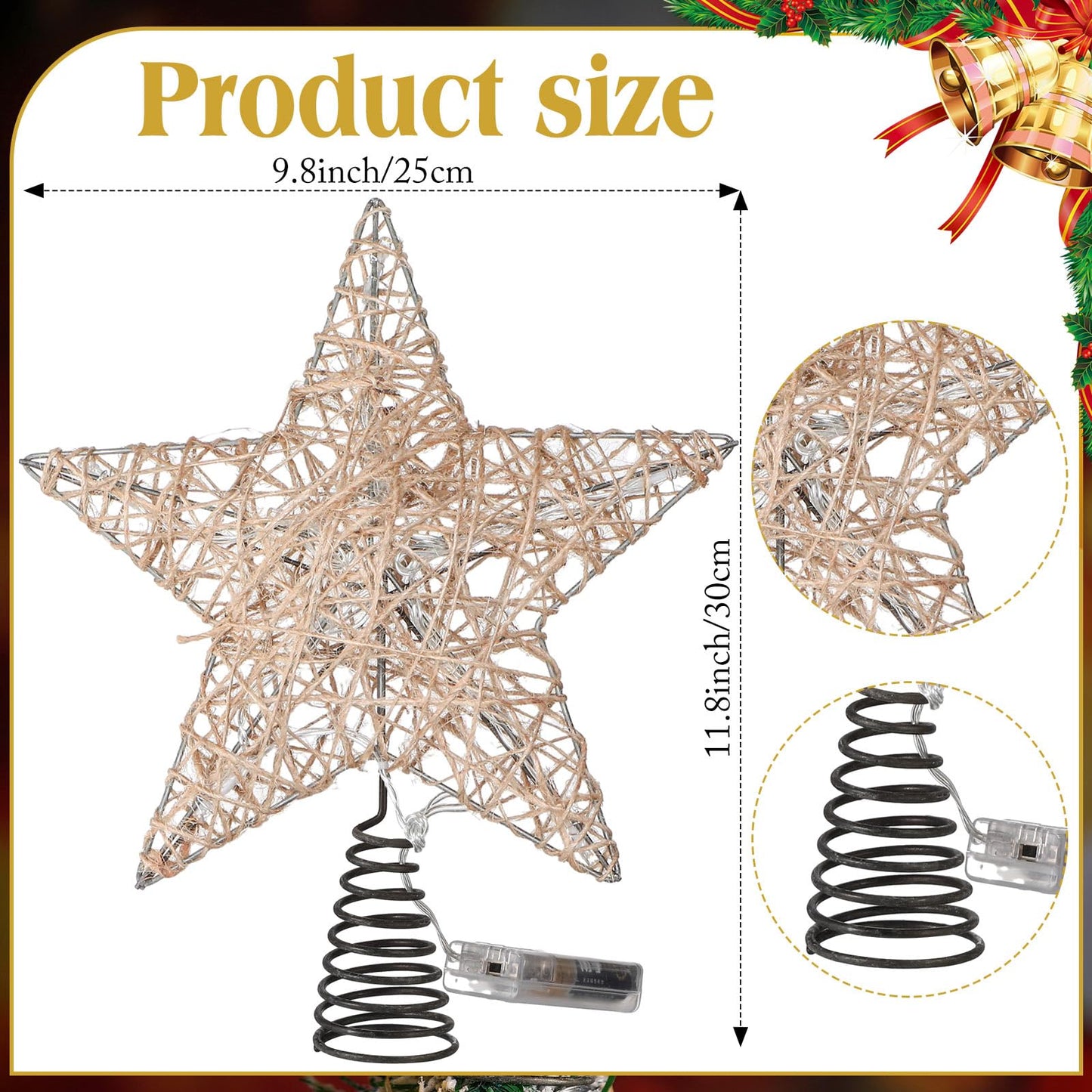 Baquler Farmhouse Christmas Tree Star Topper Decorations Light up Christmas Tree Topper with 10 LED Lights for Rustic Xmas Party Ornament Home Decor