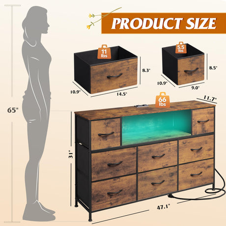 WLIVE Dresser for Bedroom, TV Stand for Bedroom for 55 inch TV with Charging Station and LED Lights, Fabric Chest of Drawers with Open Shelves, 8 Drawers Dressers for Living Room, Closet WLIVE