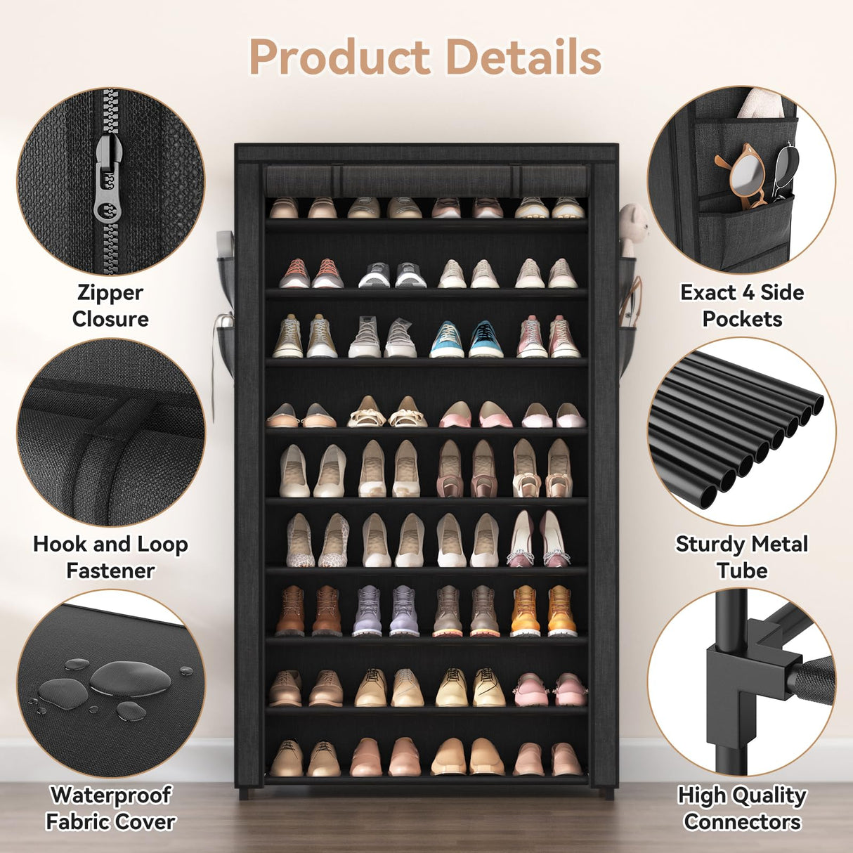 LANTEFUL Shoe Rack with Covers - 10 Tiers Tall Shoe Rack Organizer Large Capacity Shoe Shelf Storage 40 Pairs Space Saving Vertical Shoe Storage Organizer for Closet, Entryway, Dorm, Bedroom LANTEFUL