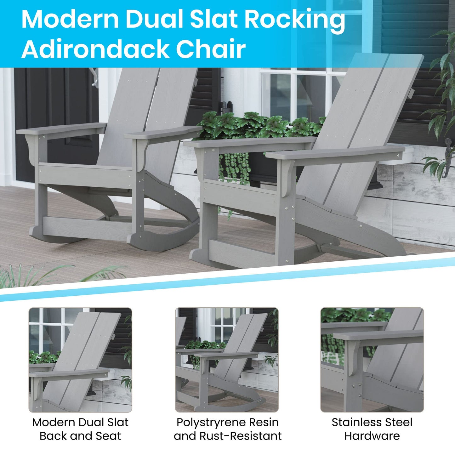 Flash Furniture Finn Modern Commercial Grade Poly Resin Wood Adirondack Rocking Chair - All Weather Gray Polystyrene - Dual Slat Back - Stainless Steel Hardware