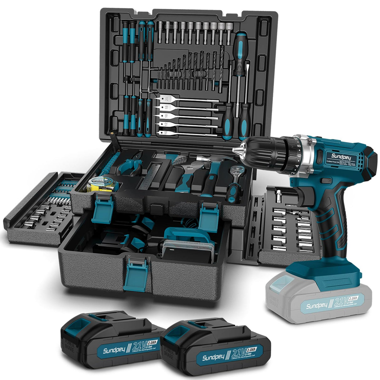 Tool Kit with 21V Cordless Drill - Sundpey 255-PCs Portable Complete General Basic Home and Auto Repair Tool Set with Drawer for Handyman & Diyer & Homeowner - Power Drill with 2 x 2.0Ah Batteries Sundpey