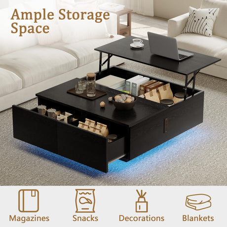 Square Lift Top Coffee Table, 31.5" Wooden Coffee Table with 2 Drawers & Hidden Storage, LED Lights & Charging Station, Mid Century Modern Center Table for Living Room Home Office (Black) YKVIQBY