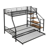 Twin Over Full Metal Bunk Beds with Trundle,Heavy-Duty Metal Bunk Bed Frame with Storage Staircase for Kids,Teens,Adults,Space-Saving,Black Bellemave