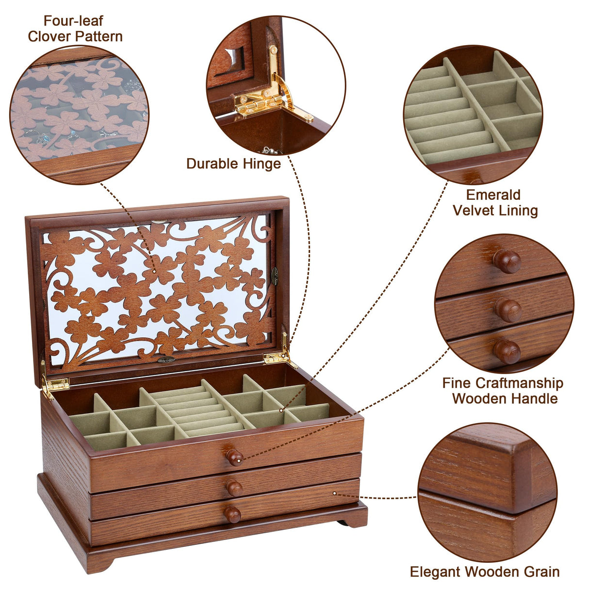 Kendal Wooden Jewelry Box for Women, Real Wooden Jewelry Holder Organizer Box with Four Leaf Clover Patterns, Graduation Gift Jewelry Boxes for Storage Earrings Rings Bracelet, Ideal Gift for Mom Kendal