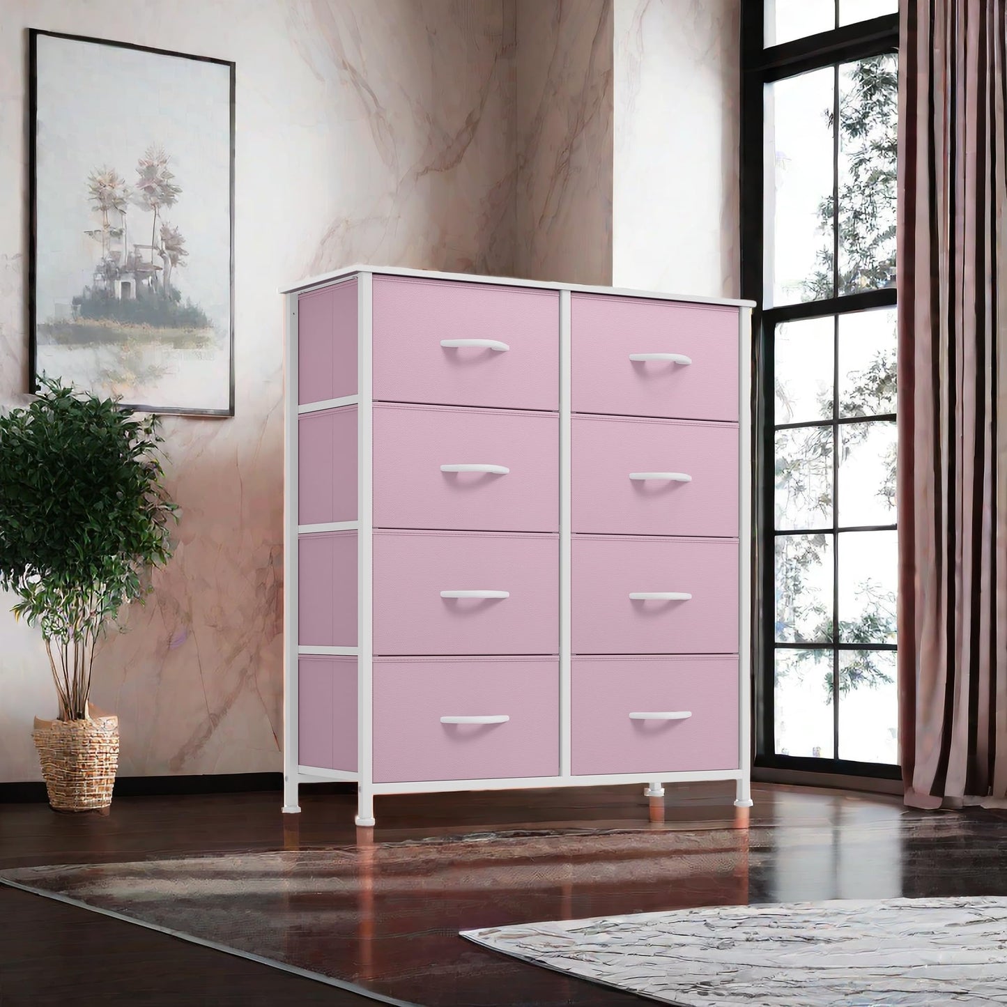 YITAHOME Fabric Dresser for Bedroom, Tall Storage Dresser with 8 Drawers, Black Dresser & Chest of Drawers, Storage Drawer Organizer for Closet(Rose Pink)