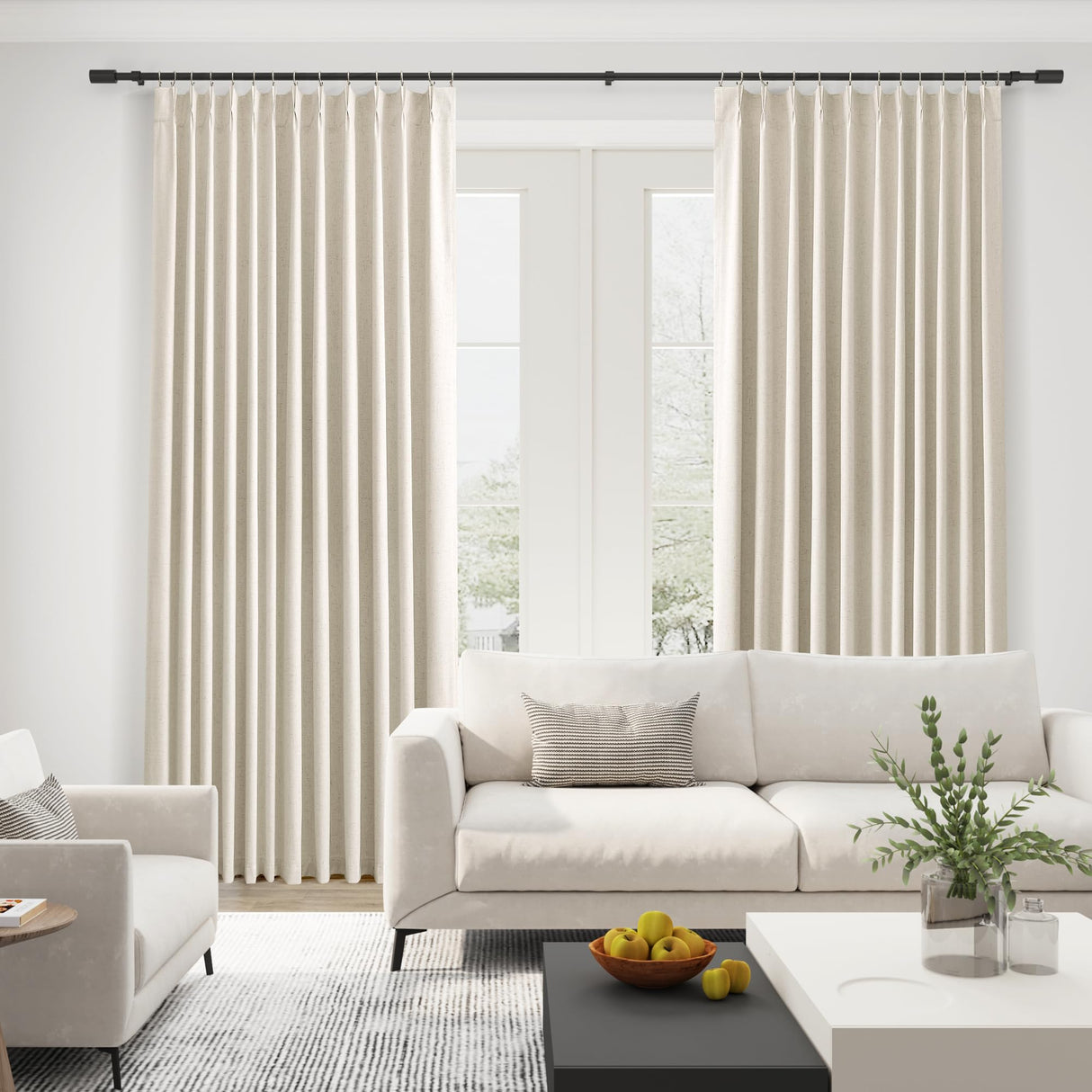 Jowels Natural Linen Blackout Curtains 108 Inch Length 2 Panels Set for Living Room Bedroom, Pinch Pleated Thermal Insulated 100% Black Out Curtains with Hooks, Room Darkening Back Tab Drapes Beige Jowels