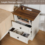 ENOUSHU Night Stand Set 2 with Charging Station, Bedside Table with 2 Drawers Storage and Open Shelf, Wood Farmhouse Nightstands with Outlets for Bedroom Office, White ENOUSHU