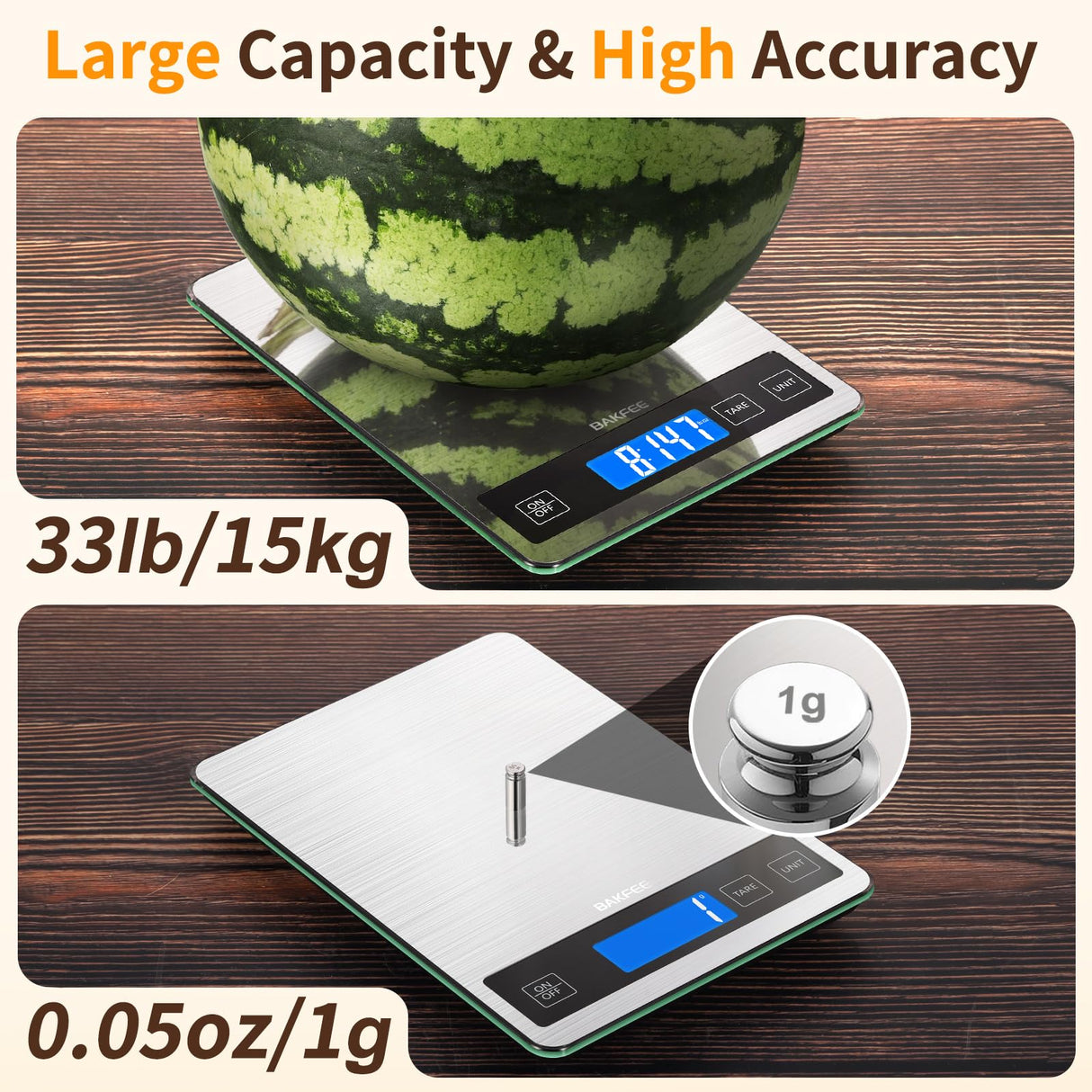 BAKFEE Food Scale, 33lb Digital Kitchen Scale with Stainless Steel & Tempered Glass, 1g / 0.05oz Precise Graduation, Waterproof and Sturdy Surface, for Cooking, Baking, Weight Loss, Meal Prep BakFee
