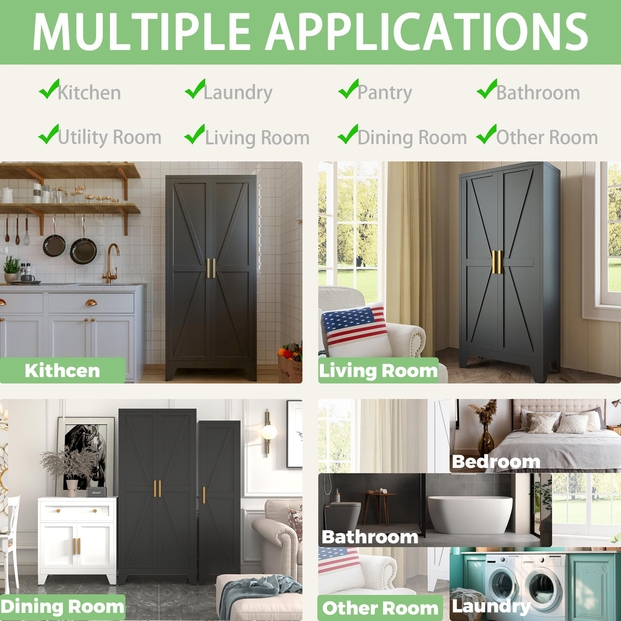 COFaR Black Farmhouse Storage Kitchen Pantry Cabinet with 2 Barn Door, 4 Adjustable Shelves and Legs, for Cupboard/Dining Room/Bathroom/Living Room/Office/Laundry Room (Black, 71" Farmhouse) COFaR