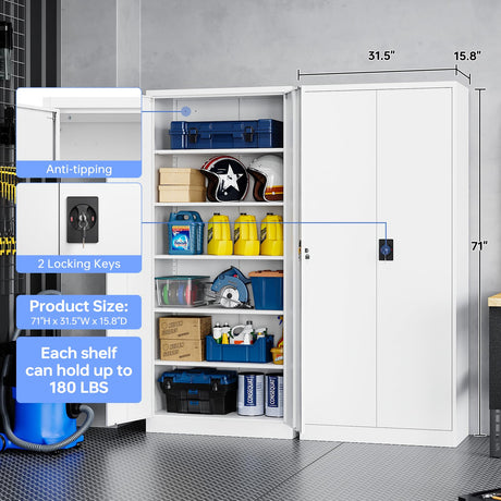 Yizosh Metal Garage Storage Cabinet with Lock, 71" Locking Tool Cabinet with 2 Doors and 5 Shelves, Tall Steel Cabinet for Garage, Heavy Duty File Cabinet for Office, School (White) Yizosh