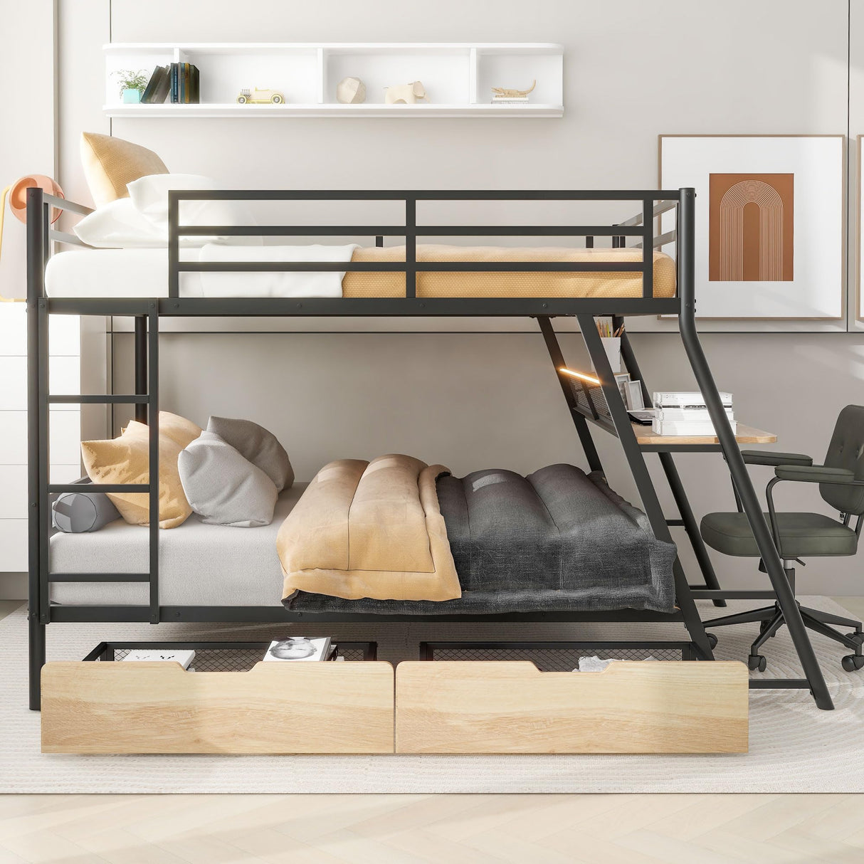 Flieks Bunk Bed, Full Over Full Metal Bunk Bed Frame with Built-in Desk, Light, 2 Drawers, Safety Guard Rails and Ladder, Heavy-Duty Steel Frame Bunk Bed for Kids Teens Adults (Black) Flieks