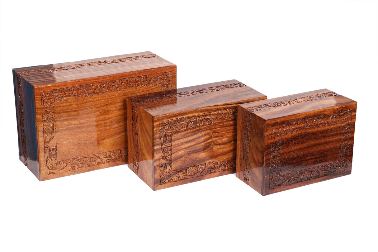 Handmade Rosewood Urn Box for Human Ashes Engraved Border Wooden Cremation Box/Urns for Human Ashes Adult, Funeral Urn Box Wooden Decorative Urns Box KHIZAR HANDICRAFT