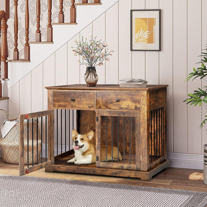 TAVATA Dog Crate Furniture with 2 Drawer, 44'' Large Dog Crate Dog Kennel, Heavy Duty Wood Dog Cage for Small/Medium/Large Dog, Sturdy Dog Kennel Dog Crate (Brown) - WoodArtSupply