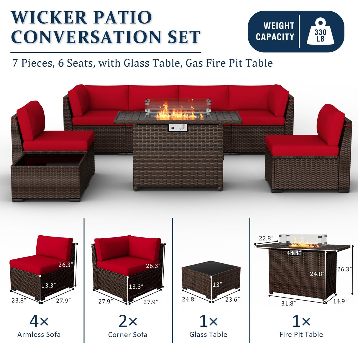 VONZOY 8 Pieces Outdoor Patio Furniture Set with 44" Fire Pit Table Rattan Sectional Conversation Sets w/Gas Fire Pit, Coffee Table, 2 Waterproof Covers, Wine red VONZOY