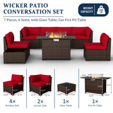 VONZOY 8 Pieces Outdoor Patio Furniture Set with 44" Fire Pit Table Rattan Sectional Conversation Sets w/Gas Fire Pit, Coffee Table, 2 Waterproof Covers, Wine red VONZOY