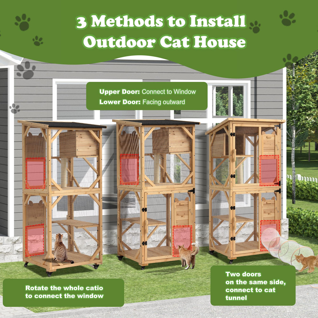 Grepatio Catio Outdoor Cat Enclosure, 4 Tiers Cat House with Waterproof Roof, Indoor Cat Cage with Wheels and Removable Floor, Large Outside Wood Cattio Kitty with Resting Box, Window Access (Natural) Grepatio