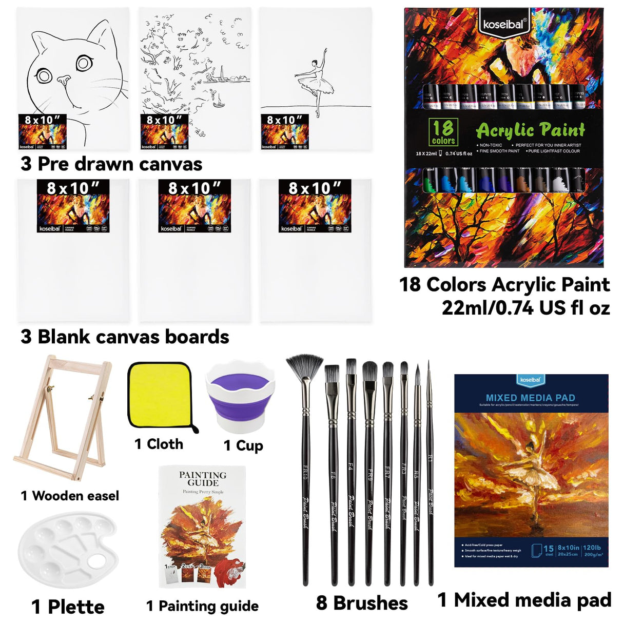 koseibal Acrylic Paint Set for Adults & Kids - 37PCS Painting Supplies Kit with 18 Colors Acrylic Paint, 8 Paint Brushes,6 Canvas Panels, Wooden Easel,Palette, Painting Pad, Cleaning Cup, Cloth koseibal