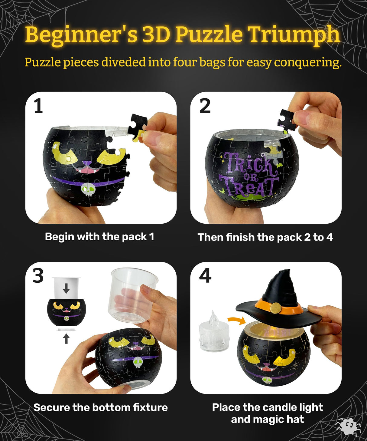 PieceRelax 3D Halloween Puzzle Candle Light - LED Jack O’ Lantern Decor with Flameless Tea Lights - Battery Operated Plastic Pumpkins for Indoor & Outdoor Spooky Decorations, Magic Cat [KL1075] PieceRelax