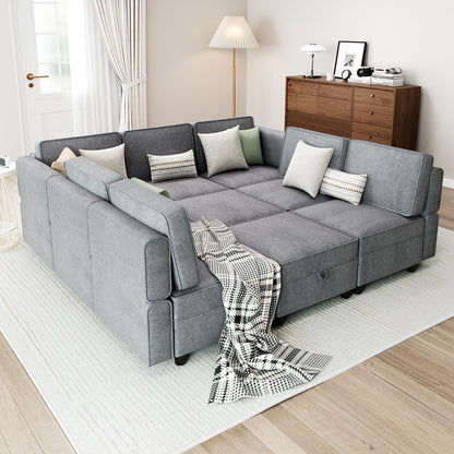 139.4" Chenille Reversible Sectional Sofa with Storage Seats & Ottomans, 9-Seater Modular Sectional Sofa, Comfy Sectional Sleeper Sofa Couch with Chaise, U-Shape Modular Couch, Grey