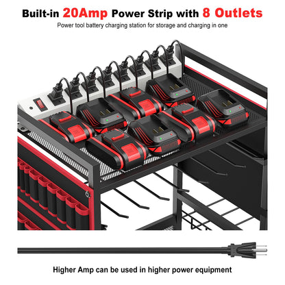 JUNNUJ Garage Large Power Tool Organizer Cart with 20A Power Strip, Heavy Duty Drill and Tools Battery Holder Storage Rack with Charing Station, Floor Standing Rolling Tool Cart Shelf on Wheels