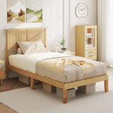 KOMFOTT Twin Size Wood Platform Bed Frame with Rattan Headboard, Boho Rubber Wood Bed Frame with Plywood Slats & Under-Bed Storage, Platform Bed Frame, Mattress Foundation, No Box Spring Needed KOMFOTT