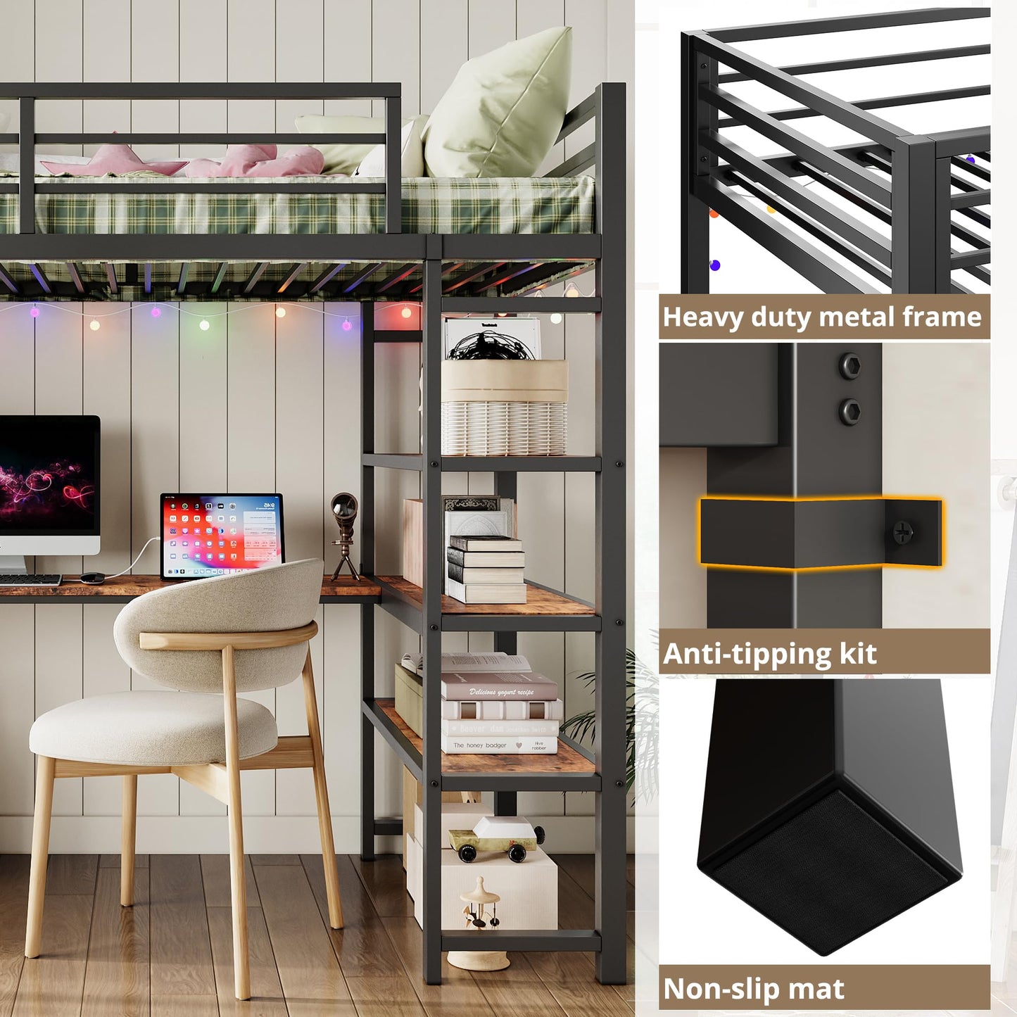 ANCTOR Loft Bed Twin Size with L Shaped Desk and Shelves, Heavy Duty Metal Loft Bed Frame with Power Outlet and LED Lighted, Space-Saving, Noise Free， Brown