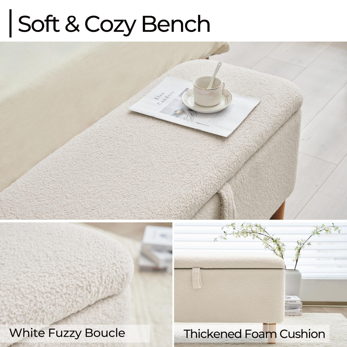 Boucle Storage Ottoman Bench for Bedroom end of Bed, Sherpa Upholstered Shoe Seat Storage Beach for Entryway Bed Foot, Rectangle Cushion Padded Blanket Chest Cute for Living Room, Off White Comfort Stretch