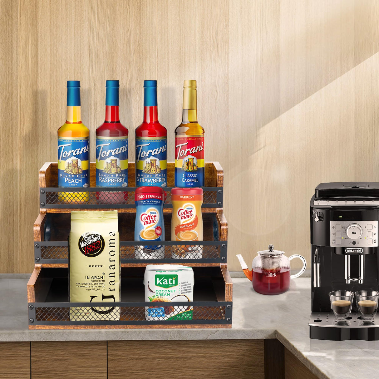 Liquor Bottle Display Shelf, Coffee Syrup Rack Organizer, 3 Step Countertop Liquor Wine Rack, 12 Bottles Coffee Station Organizer with Fences & Handles, Home Retro Bar Shelf Stand for Liquor Whiskey Alyoen