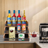 Liquor Bottle Display Shelf, Coffee Syrup Rack Organizer, 3 Step Countertop Liquor Wine Rack, 12 Bottles Coffee Station Organizer with Fences & Handles, Home Retro Bar Shelf Stand for Liquor Whiskey Alyoen